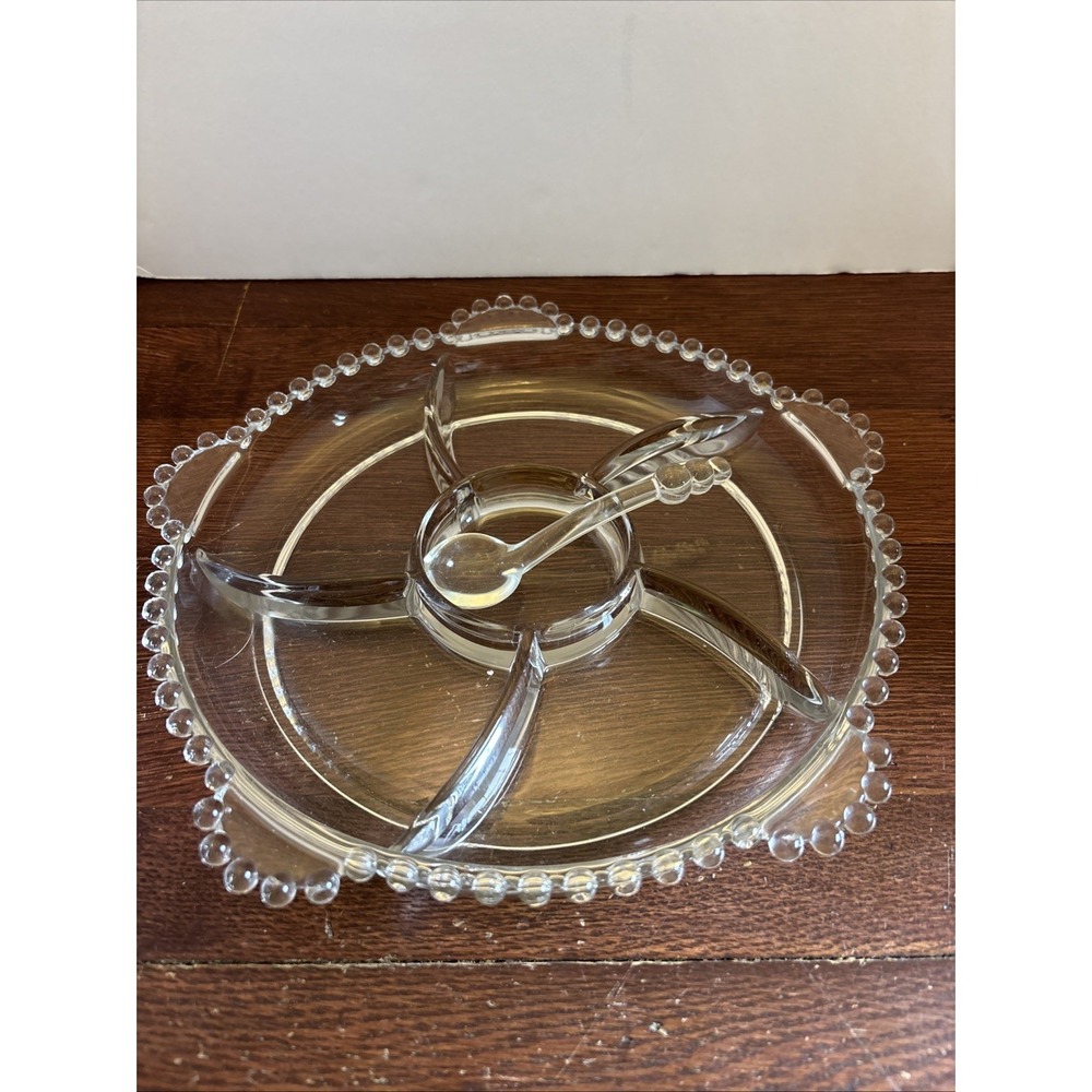Vintage 6 Part Divided Plate Dish W/ Spoon Candlewick Imperial Glass 11.5"